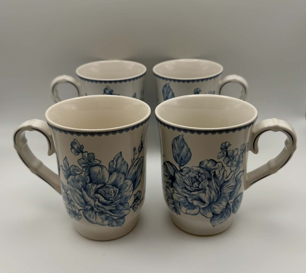 Pioneer Woman Agatha Floral Stoneware Mugs Ceramic Cups Blue 12oz Set of 4